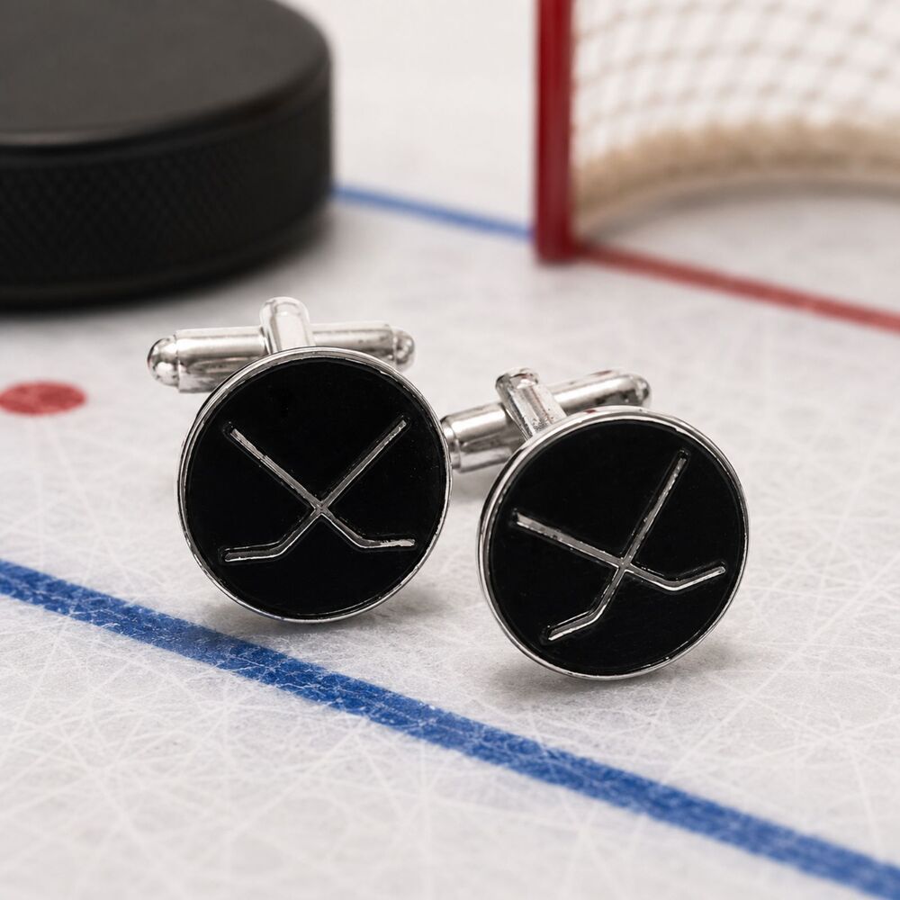 Vintage Sterling Silver Hockey Stick Cuff Links Black Enamel Sports Cufflinks